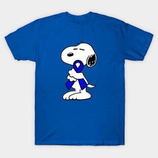 Dog Hugging an Awareness Ribbon (Dark Blue) T-Shirt